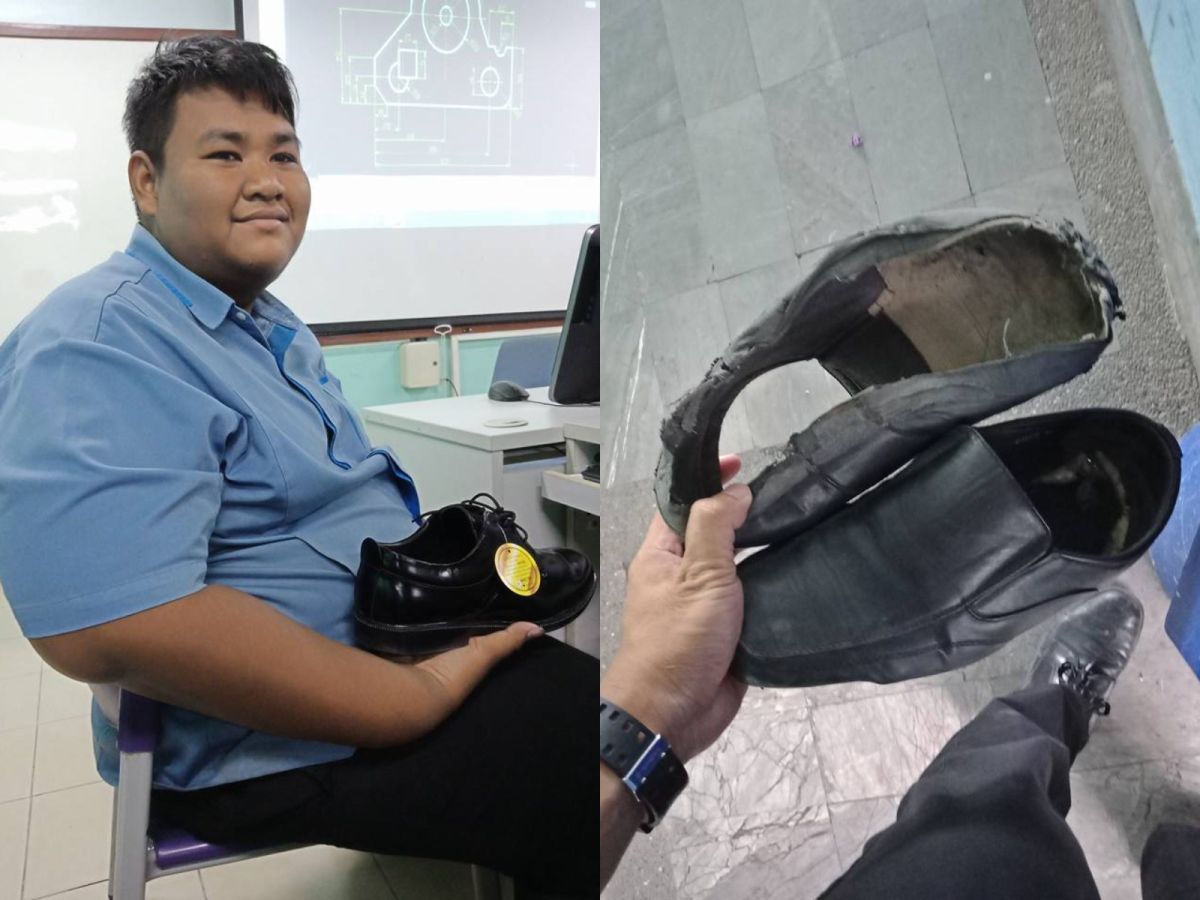 ▲泰國春武里府東方技術學院（Eastern Technological College）一名男大生菲田，長期穿破鞋上課讓同學於心不忍，最後集資買新鞋送他。（圖／翻攝自Thewan Prasoetla臉書）