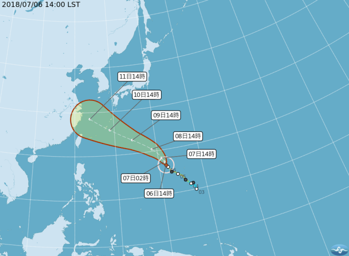 ▲今（ 2018 ）年第 8 號颱風「瑪莉亞」於今（ 6 ）日下午 14 時增強為強烈颱風，氣象局預估本周末將會是颱風是否侵台的關鍵。（圖／翻攝自中央氣象局）