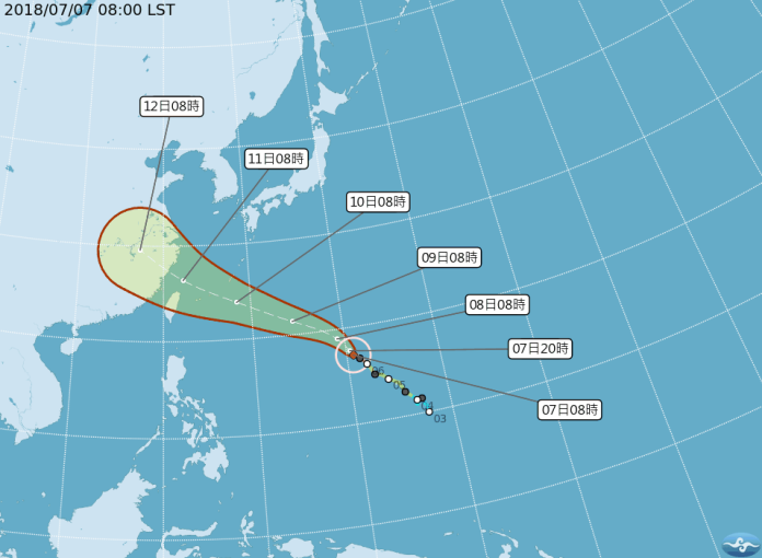 ▲今年第 8 號強烈颱風「瑪莉亞」路徑持續南偏，往台灣北部海面移動。氣象局表示，下周二、三（ 10 、 11 日）是最接近台灣的時間，不排除下周二發布陸上颱風警報。（圖／翻攝自氣象局）