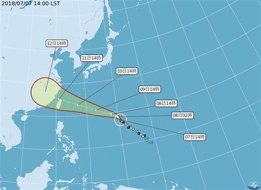 ▲強烈颱風瑪莉亞路徑持續南移，不排除在台灣北部登陸。（圖／取自中央氣象局網站）