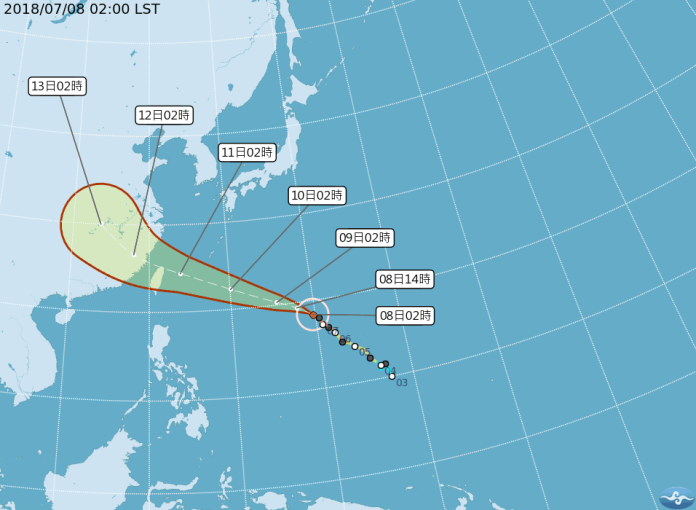 ▲根據中央氣象局預測，今年第 8 號颱風「瑪莉亞」在升格為強烈颱風之後，速度一路加快，路線更往南修，預計若路徑不變，最快在下周一（9 日）晚間就會發布海上颱風警報。（圖／翻攝自中央氣象局 , 2018.7.8）