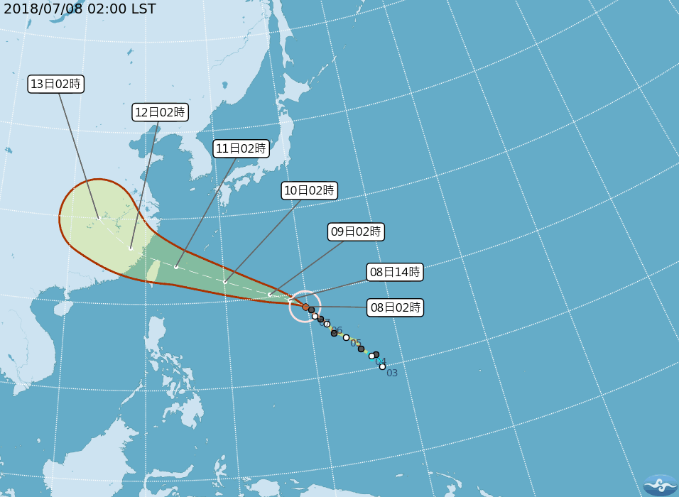 ▲根據中央氣象局預測，今年第 8 號颱風「瑪莉亞」在升格為強烈颱風之後，速度一路加快，路線更往南修，預計若路徑不變，最快在下周一（9 日）晚間就會發布海上颱風警報。（圖／翻攝自中央氣象局 , 2018.7.8）
