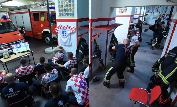 ▲克羅埃西亞當地的一個消防隊，在觀看 PK 戰時突然警鈴大作，所有隊員仍迅速完成著裝並出發執行任務。（圖／翻攝自臉書「Vatrogasna postrojba Zagreb」）