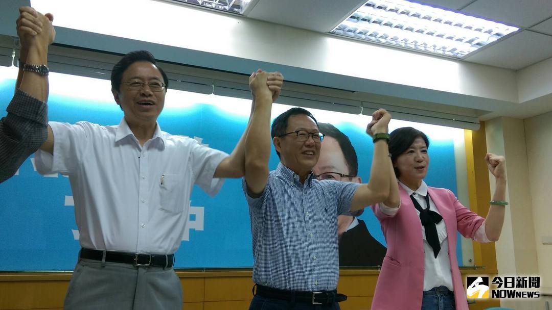 ▲丁守中競選總部主委張善政、台北市長參選人丁守中與總幹事王育敏（左起）。（圖／記者戴祺修攝，2018.07.13）