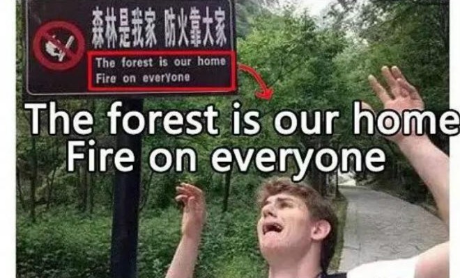▲「森林是我家 防火靠大家」大陸翻譯為「The forest is our home. Fire on everyone」。（圖／翻攝自老虎工作室微信號）