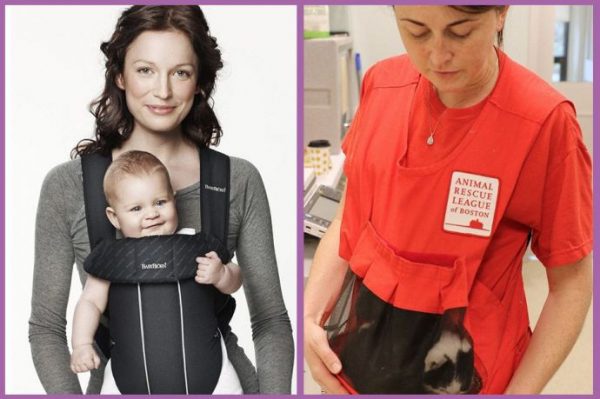 小貓育嬰袋類似於嬰兒背袋，就像父母可以將寶寶綁在身上。而小貓育嬰袋顧名思義就是將小貓放在胸前照顧。