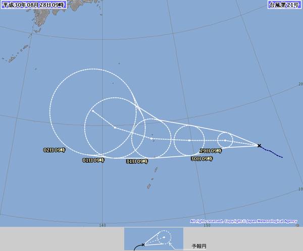 ▲輕颱燕子目前距離台灣約 3,000 公里，預測對台無直接影響。（圖／日本氣象廳）