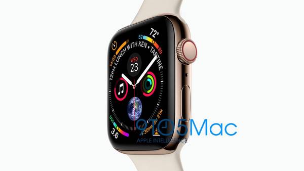 ▲外媒曝光 Apple Watch 官方宣傳照，整體錶面增大 15% ， watchOS 5 作業系統於錶面顯示八大功能區塊。（圖／翻攝 9to5Mac）
