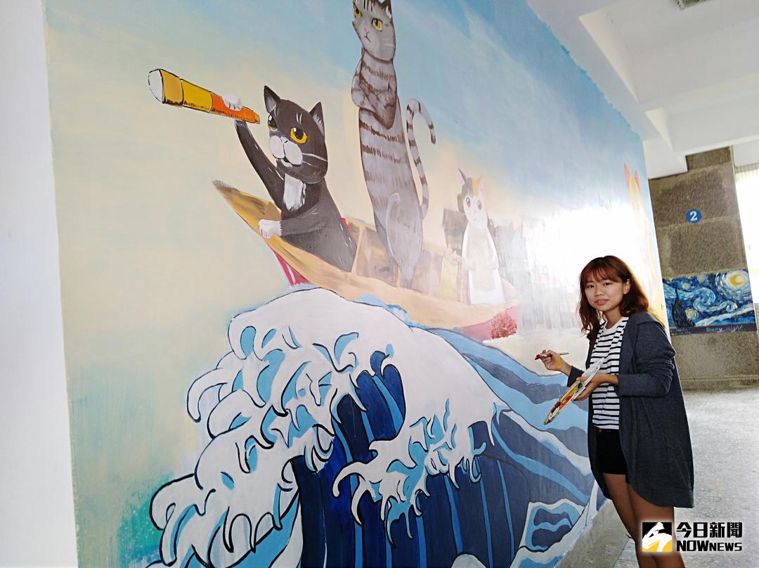 ▲北港高中李宜卉，以「乘風破浪，航向遠方」為主題，創作大型壁畫。（圖／洪佳伶攝 , 2018.08.29\\)