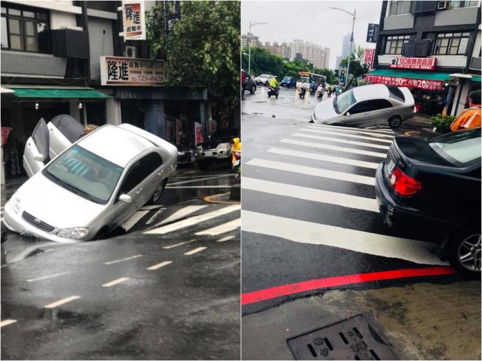 ▲豪雨路面塌陷！高雄小客車栽進坑，網嚇：「才氣爆重做而已！」（圖／翻攝自爆料公社）