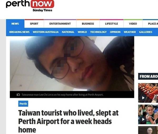 ▲一名 24 歲李姓男子跑到澳洲後，卻找不到工作，身上沒錢也無法飛回台灣，只好睡在機場。（圖／翻攝自 Perth Now , 2018.9.2）