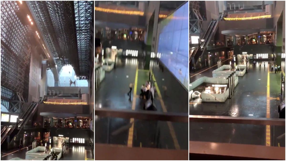 ▲燕子颱風襲日，因不堪暴雨狂炸，京都車站天花板竟如「轟天雷」當場破碎。（圖／翻攝自推特）