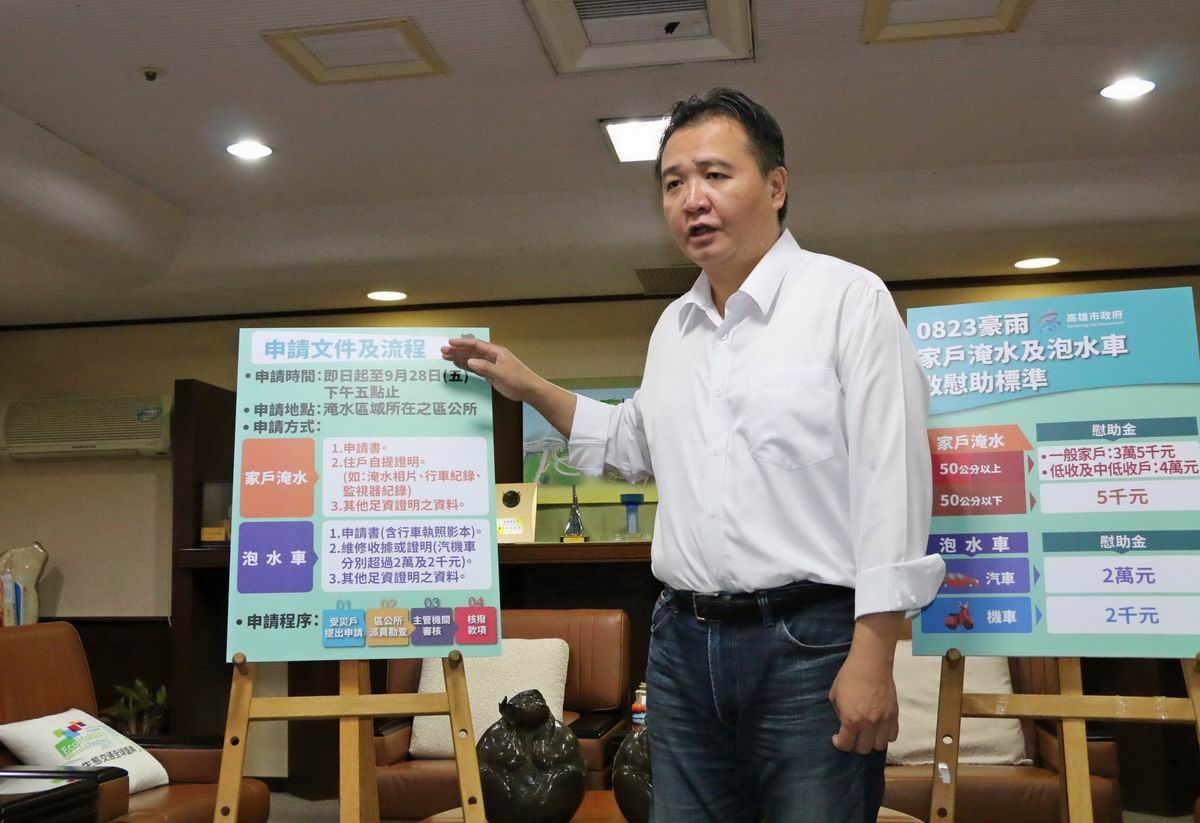 ▲市長許立明指示放寬豪雨家戶淹水及泡水車救慰助標準。（圖：記者許高祥攝）