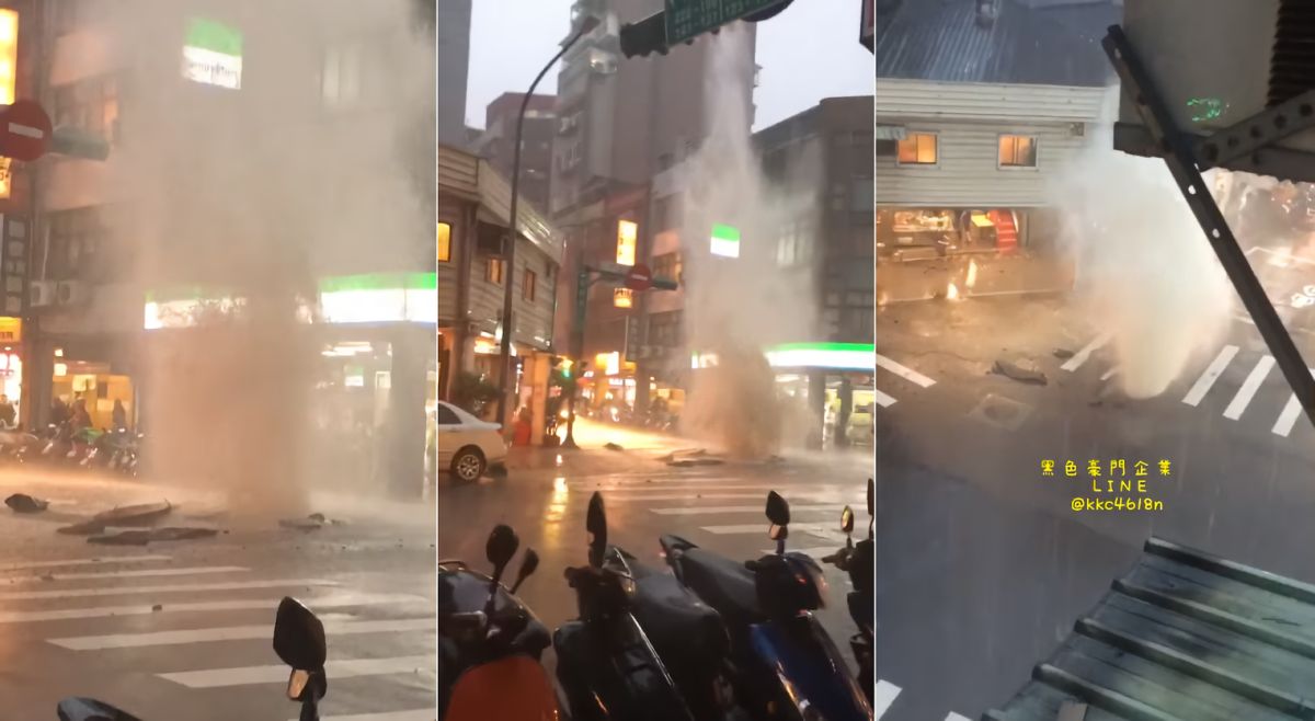 ▲西門町人孔蓋爆開，水柱噴發超過 4 層樓高。（圖／翻攝自臉書「爆料公社」、「黑色豪門企業」,2018.09.08）