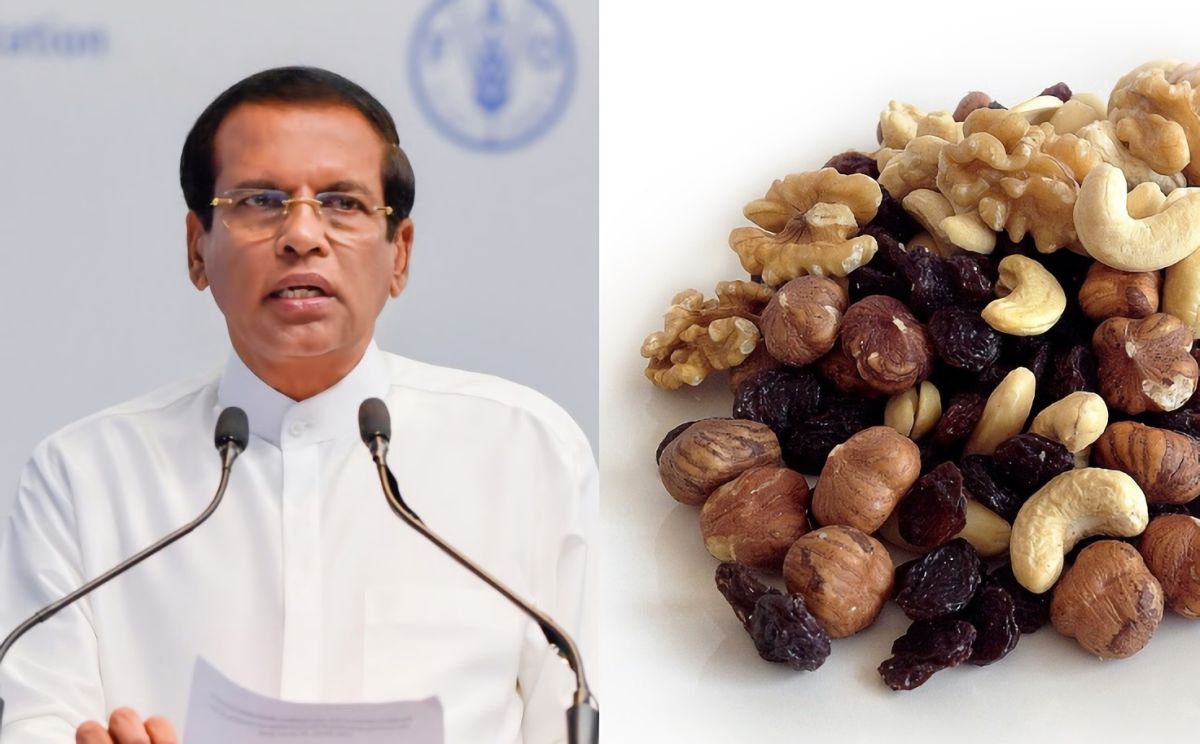 ▲斯里蘭卡總統西里塞納（左圖）因飛機上提供腰果給他而暴怒。（圖／翻攝推特、pixabay , 2018.09.11）