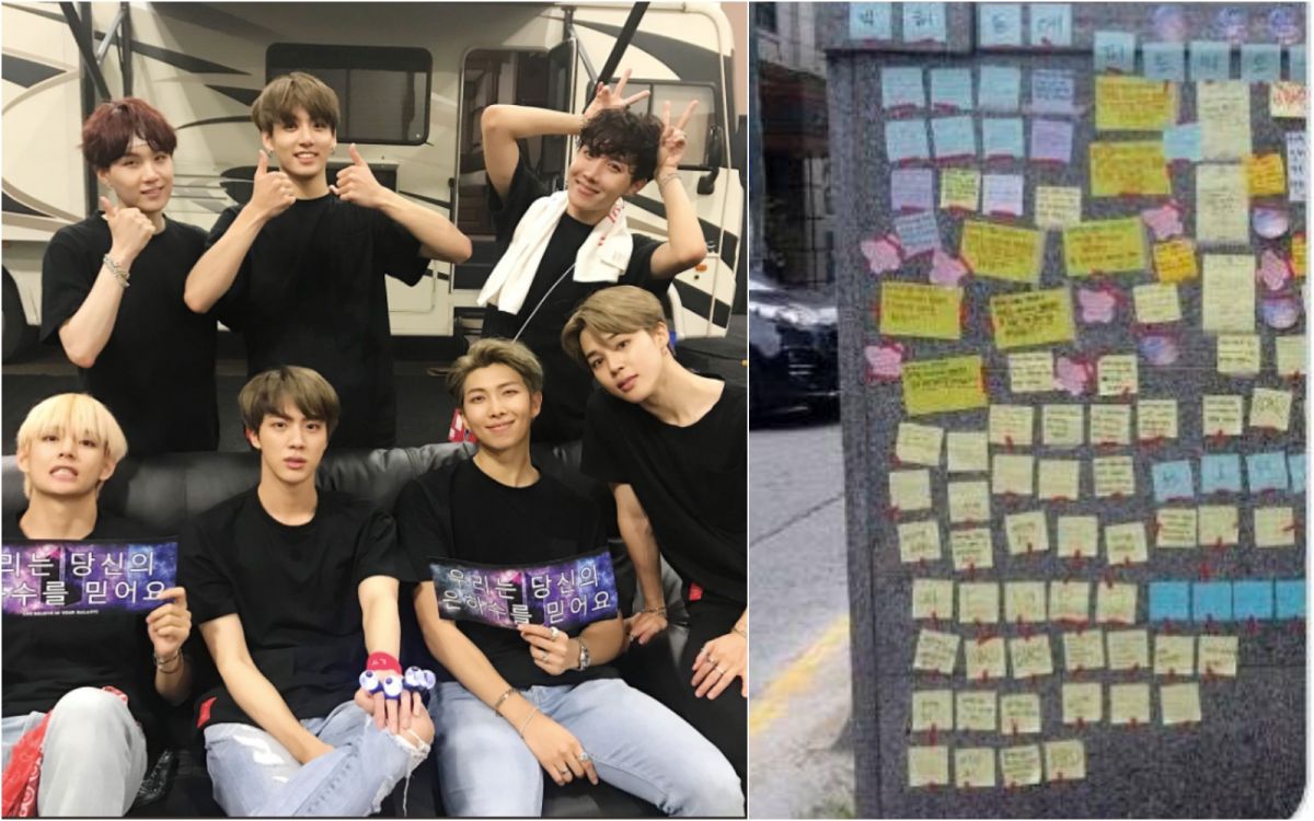 粉絲反對BTS跟秋元康合作，除了在網路上發文抵制，更跑到公司樓下貼抗議紙條。（圖／BTS Twitter、網路，2018.9.16）