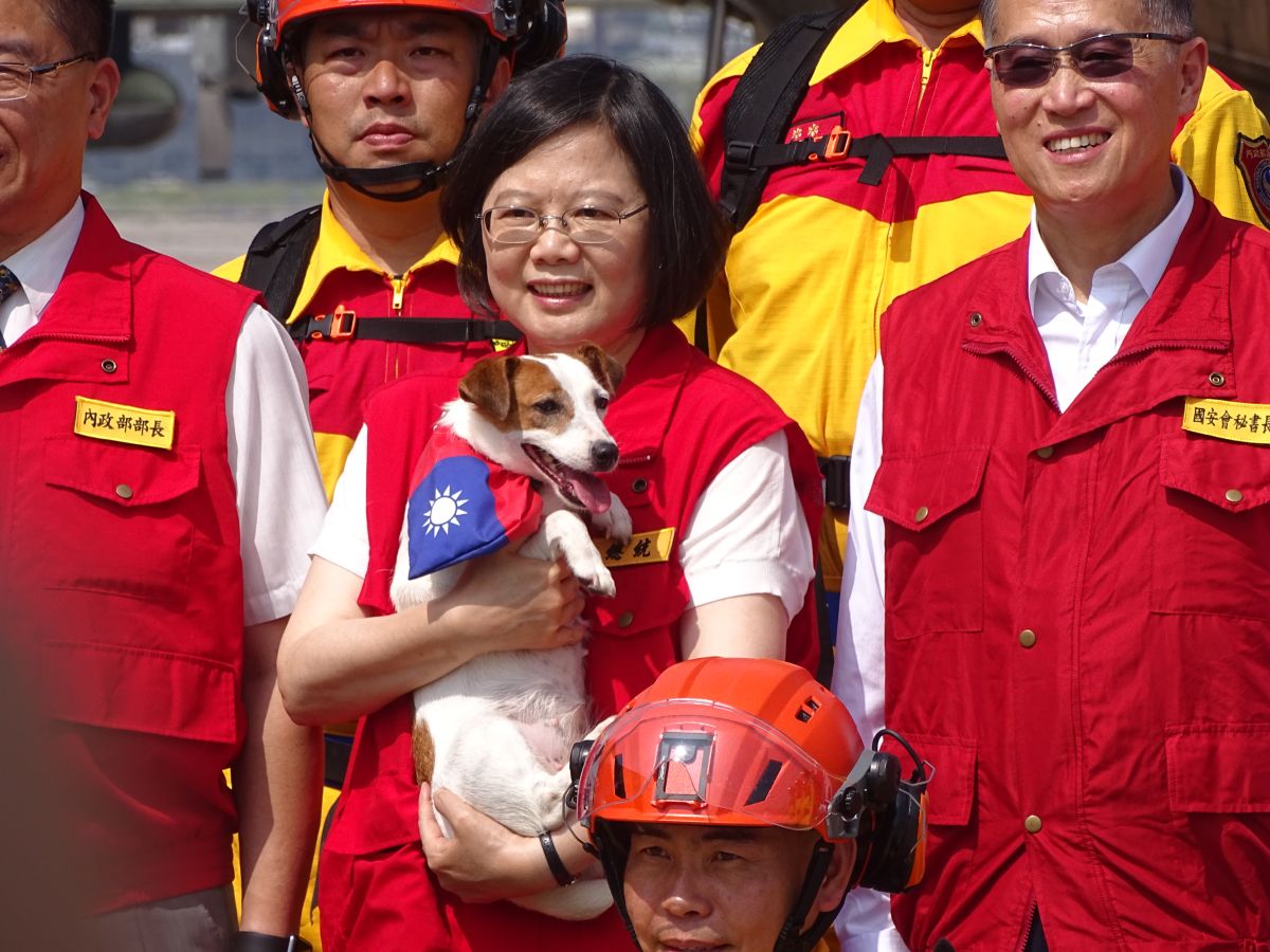 ▲蔡英文總統21日前往松山機場發表國家防災日談話，並慰勉各縣市救災人員。今年6歲名叫搜救犬「樂樂」也在列，蔡英文還特別抱起樂樂合影。（圖／記者呂炯昌攝, 2018.9.21）