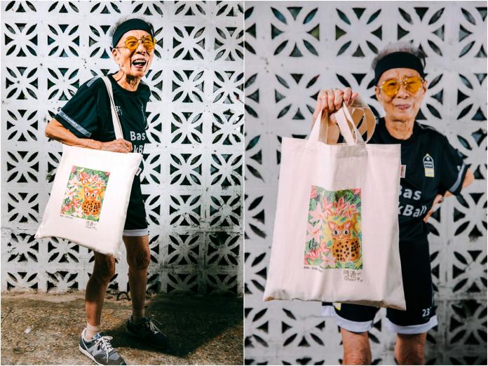 ▲量販周年慶滿額贈推出購物袋，邀請90歲網紅潮嬤林莊月里來推薦。（圖／愛買提供） 