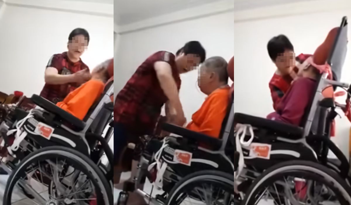 ▲看護對插著鼻胃管的阿嬤呼巴掌、拗手，甚至將阿嬤的頭綁在輪椅上，伸手掐阿嬤脖子。（影片截圖／翻攝自爆料公社, 2018.09.27）