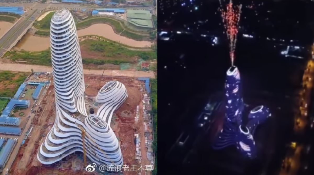 ▲近日落成的大陸「廣西新媒體中心」，建築外觀被諷刺形似男性生殖器。（圖／翻攝微博、秒拍 , 2018.09.28）