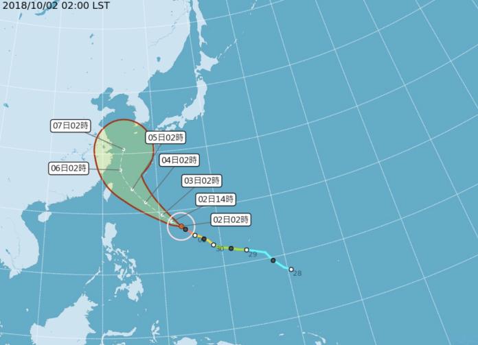 ▲根據中央氣象局資料顯示，強烈颱風「康芮」目前中心位置在琉球南南東方 1160 公里海面上，以每小時 16 公里的速度向西北西進行。（圖／中央氣象局）