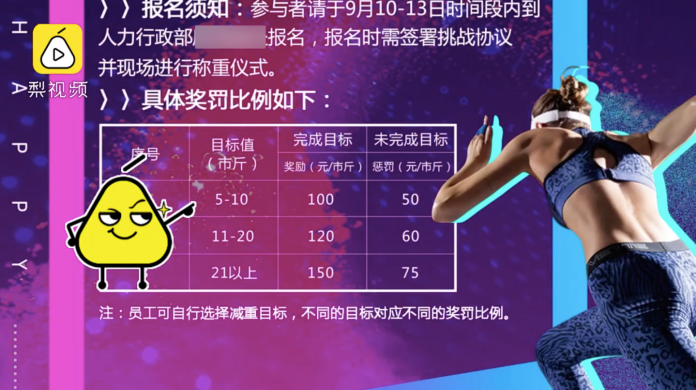 ▲有獎也有罰，若未達成自訂減重標準，要自願投入相對應金額的罰款到減重獎金池。（圖／翻攝自梨視頻）