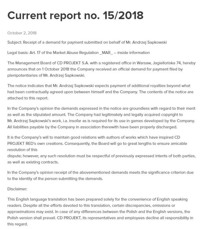 ▲ CDPR 在當地時間 1 日公開了對方的律師信函與要求內容。（圖／翻攝自 CDPR 官網）