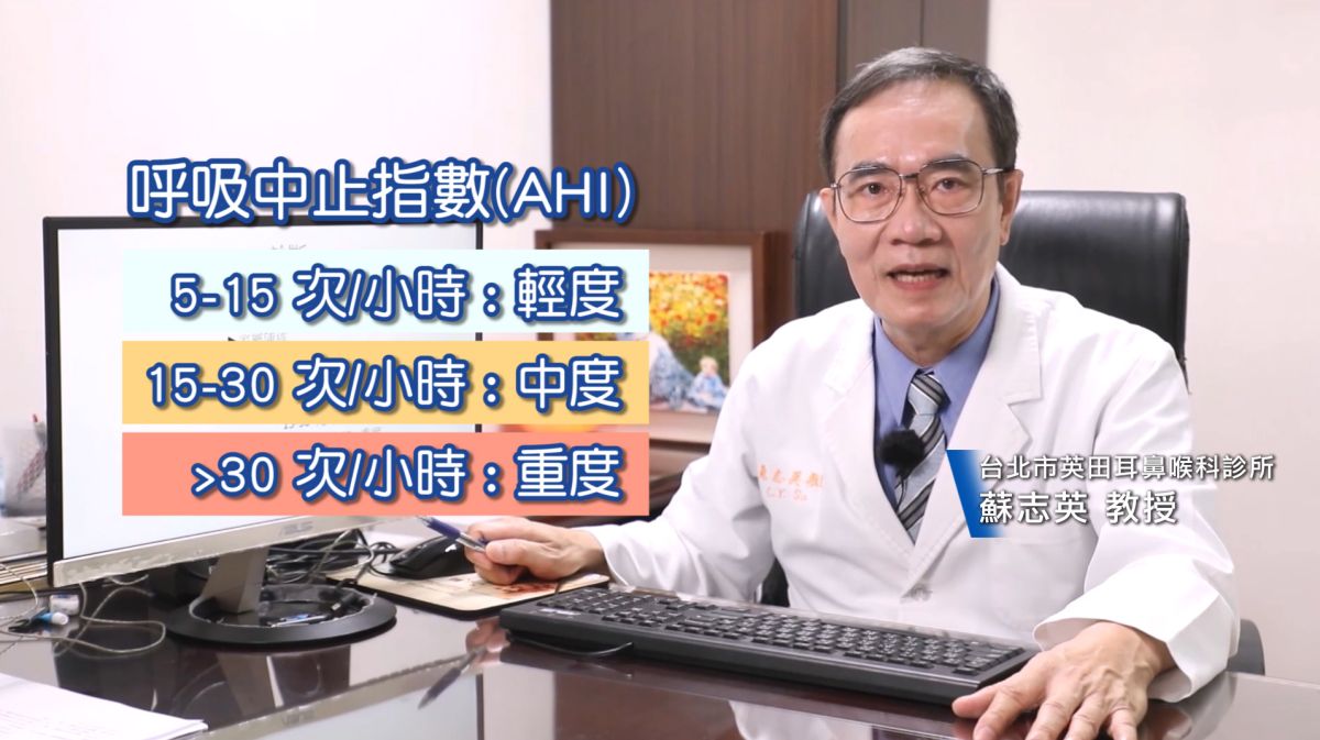 ▲依美國睡眠學會的定義，AHI呼吸中止指數（平均每小時）5至15次為輕度；15至30次為中度；超過30次則為重度。（圖／蘇志英醫師提供）
