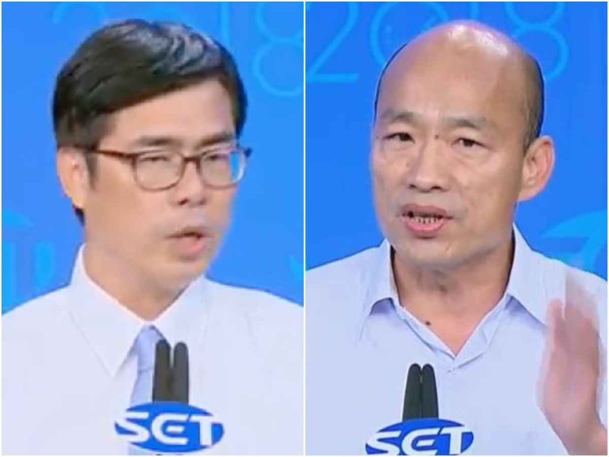 「雙雄對決、世紀首辯」，高雄市長候選人韓國瑜與陳其邁在今晚（11/19 20:00）就高雄未來與政見，精彩交鋒。（畫面翻攝自三立新聞）