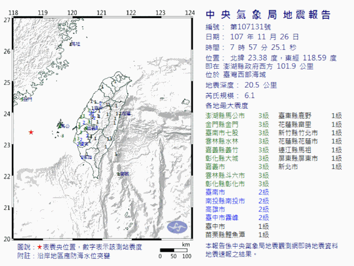 ▲台灣西部海域今（26）日上午 7 點 57 分發生芮氏規模 6.1 地震。（圖／中央氣象局）