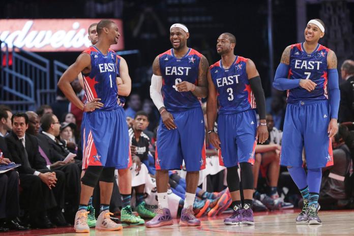 Chris Bosh, LeBron James, Dwyane Wade, Carmelo Anthony合影。（圖／美聯社／達志影像）
