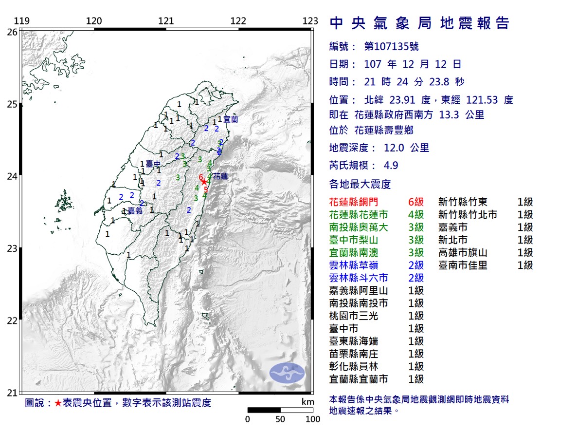 ▲地牛又翻身！花蓮晚間發生規模4.9地震，最大震度6級。（圖／翻攝自中央氣象局）