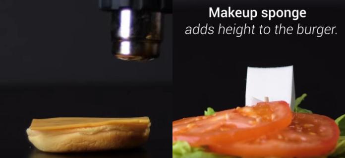 ▲漢堡廣告會加熱起司和用粉撲墊高厚度。（圖 / 翻攝自 Youtube ）