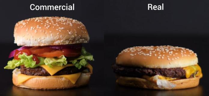 ▲漢堡的廣告和實體差很大。（圖 / 翻攝自 Youtube ）