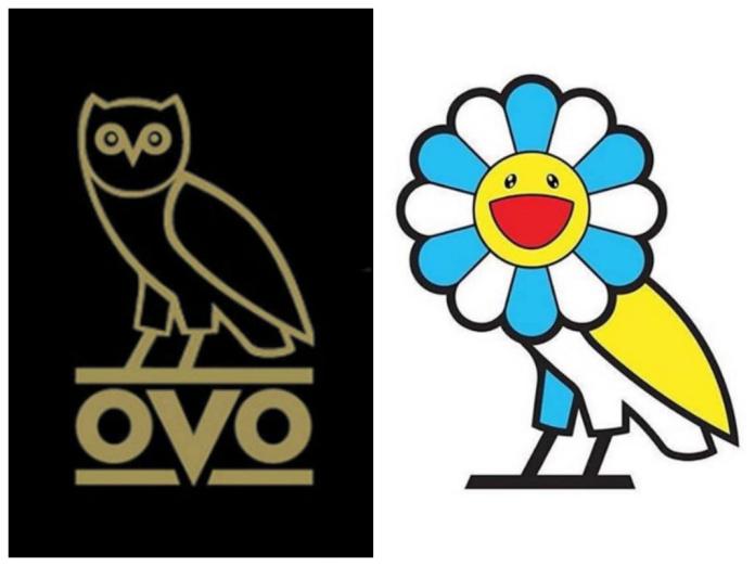 左為由饒舌歌手Drake主理的音樂品牌「OVO Sound」的貓頭鷹Logo；右為與藝術家村上隆標誌性KaiKai KiKi太陽花融合後的聯名系列新Logo。圖＠Mohamed Abdulwahab臉書