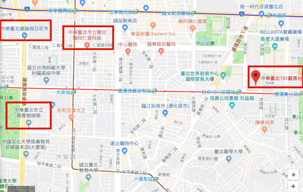 ▲ Google 地圖中不少地標名稱遭冠上「中華台北」，包括 101 觀景台、台北市建國假日花市、台北市立圖書館等，引發外界議論。
（圖／翻攝自 Google Map ）