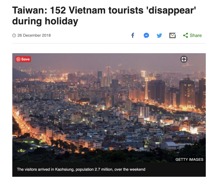 越南觀光客來台後全落跑，引發國際關注，登上《BBC》版面。（圖／翻攝BBC網站）