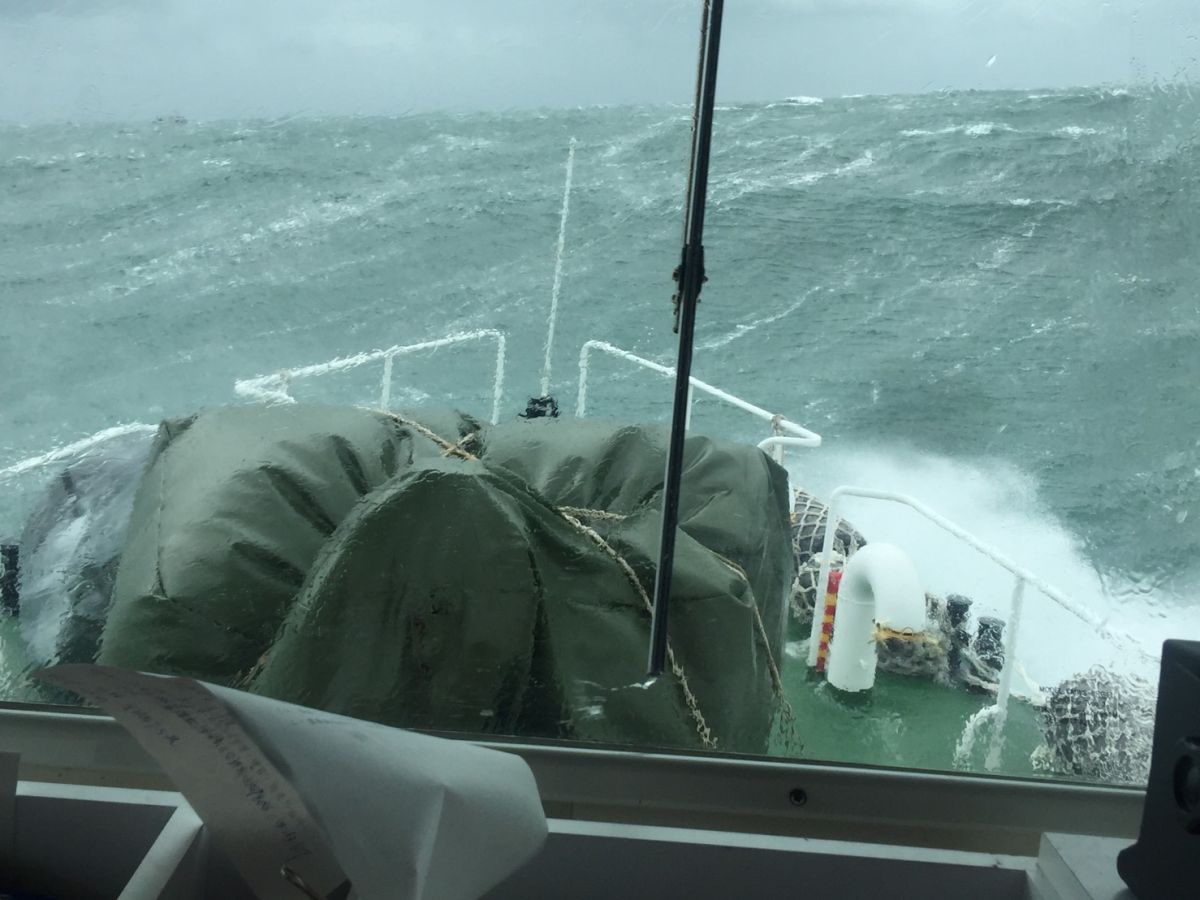 ▲海巡署台南艦冒著海上10級陣風6公尺長浪出海驅離非法越界的大陸漁船(圖/澎湖海巡隊提供)