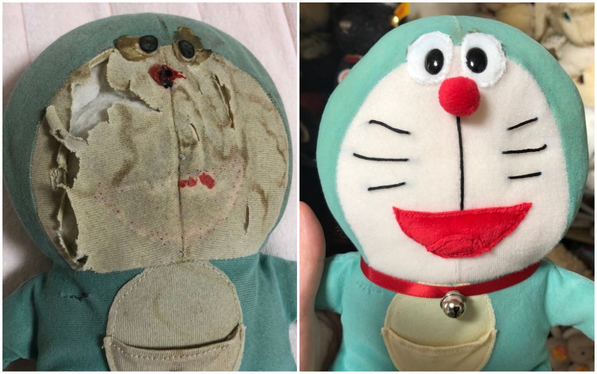 ▲哆啦A夢娃娃破到「瀕臨死亡」，朋友神手修復後宛如新的一樣。(圖 / 翻攝自推特 @Ydon9 )