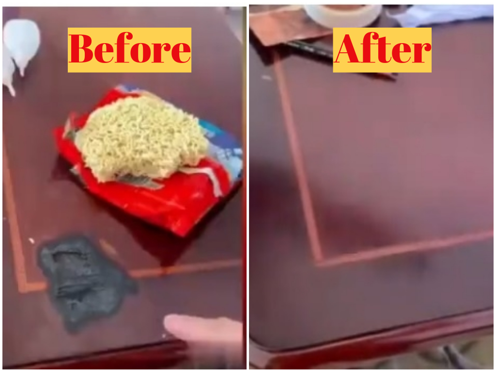 ▲大陸有技藝神人能用泡麵修補傢俱，完成後絲毫看不出破綻。(圖 / 翻攝自微博)