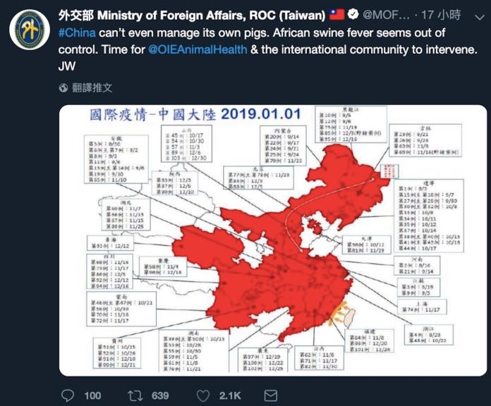 ▲我外交部在推特上發文嗆道：「中國大陸連自己的豬都管不好！」（圖／翻攝自外交部推特）