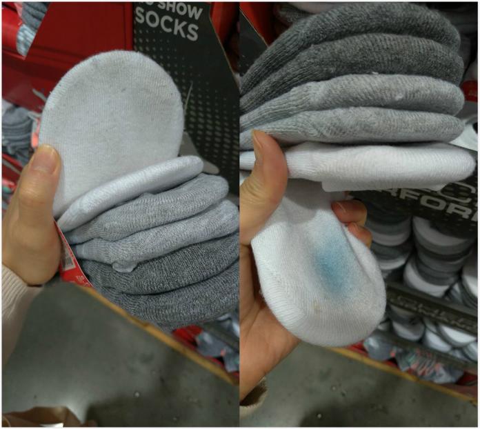 ▲好市多架上販售疑似穿過、遭民眾退費的襪子，不僅起毛球還染有黑色印子。（圖／翻攝自臉書「Costco好市多商品經驗老實說」）