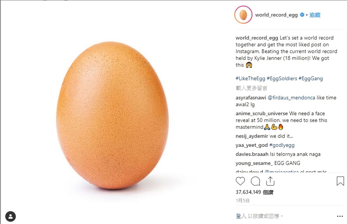 ▲就是這顆蛋，在 IG 上獲得破紀錄的 3,700 萬餘個讚。（圖／翻攝自　world_record_egg 的 IG）