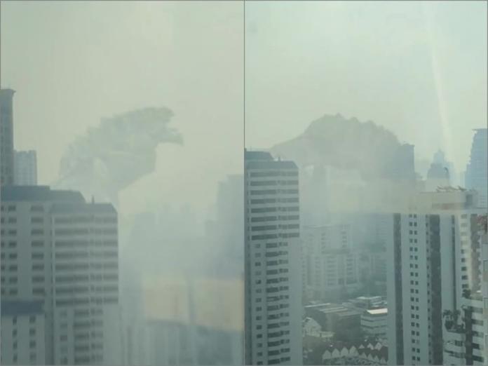 泰國曼谷這幾天霧霾嚴重，天空灰濛濛，已到危害健康等級。有位動畫師將霧霾天加上怪獸特效，自製的怪獸短片在Facebook大受好評。（圖／翻攝網路）