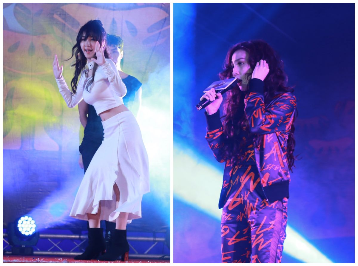 ▲孫尤安（右）、小茉莉在橘子集團尾牙上熱力開唱。（圖／記者葉政勳攝, 2019.01.18）
