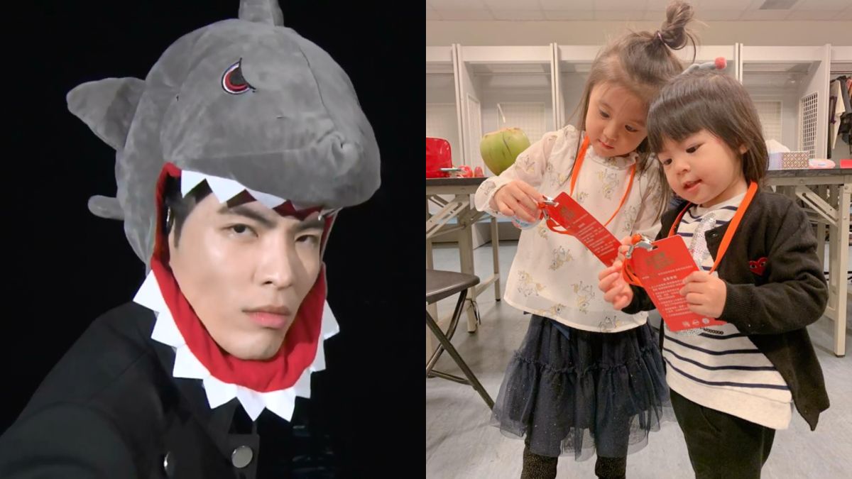 ▲歌王蕭敬騰（左圖）戴鯊魚頭征服咘咘、BO妞。（圖／臉書）