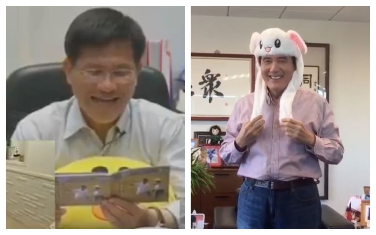 連任市長失利的林佳龍抱布偶唱歌，撫慰支持者的心情。前總統馬英九帶兔兔帽，與網友同樂。（合成圖／臉書）