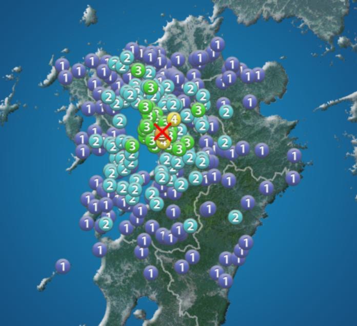 日本九州熊本縣當地時間今天下午2點16分左右，發生規模4.4的有感地震。（圖／翻攝Weather News網站）