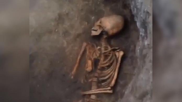 俄羅斯高加索地區挖出一具骨骸，其頭形有如外星人般，又細又長又是蛋形。（圖／翻攝網路）