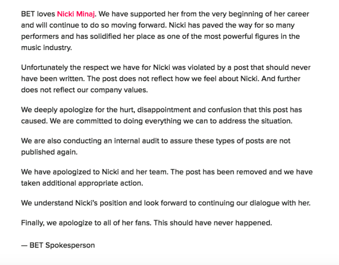 ▲BET發聲明向Nicki Minah道歉。（圖／翻攝BET官網, 2019.02.13）